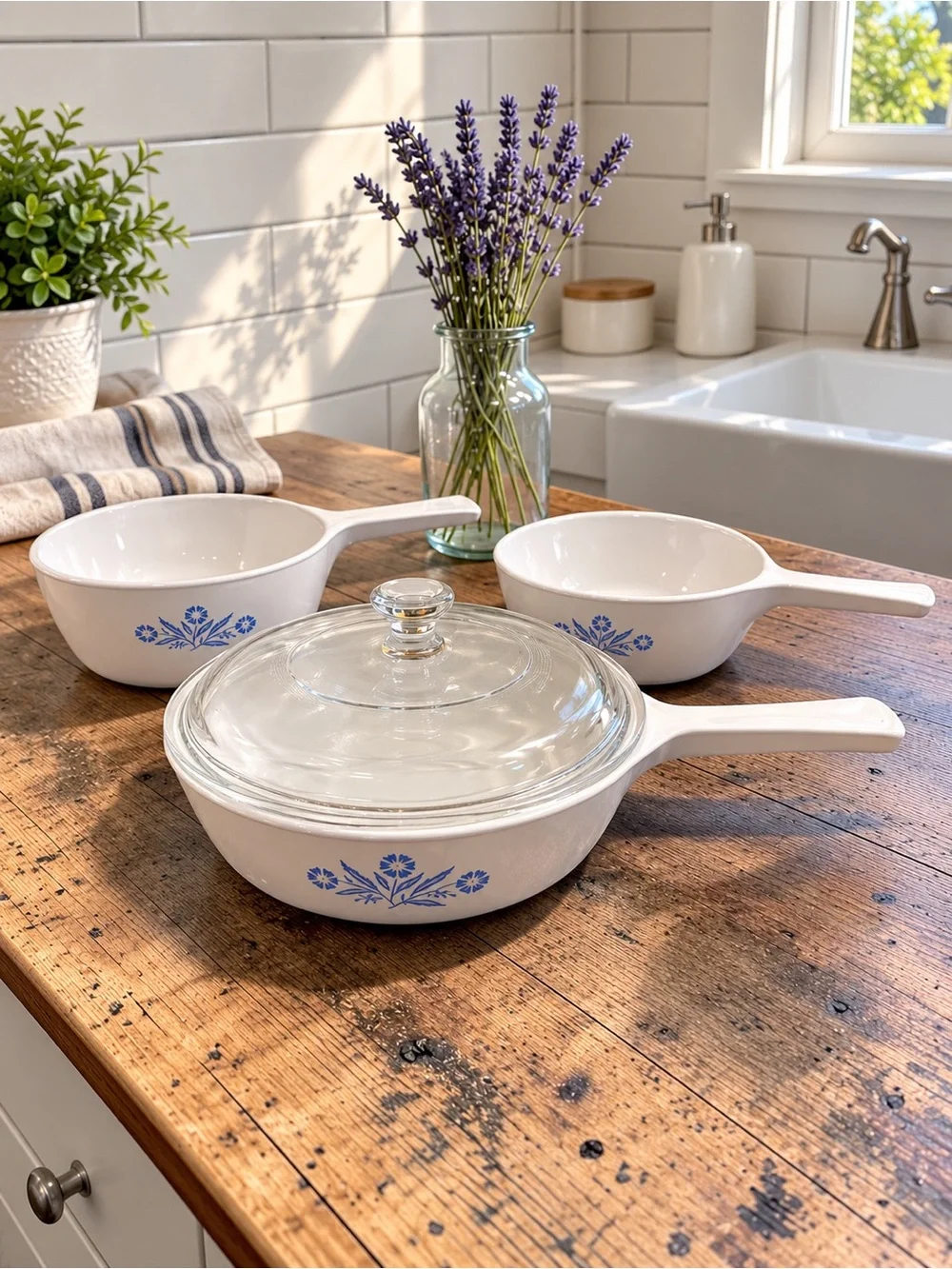 Vintage CorningWare Blue Cornflower Menuette 3-Piece Pan Set + Glass Lid | USA